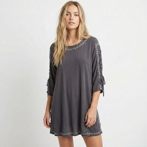 NWOT POL Dark Gray Lace Up Embroidered Boho Mini Dress Small Cozy Tunic Shift